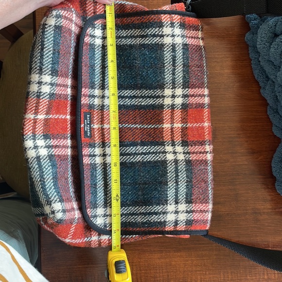 Kate Spade Wool-Plaid bag, navy-orange- cream outside, orange leaf deign inside. - Picture 11 of 13